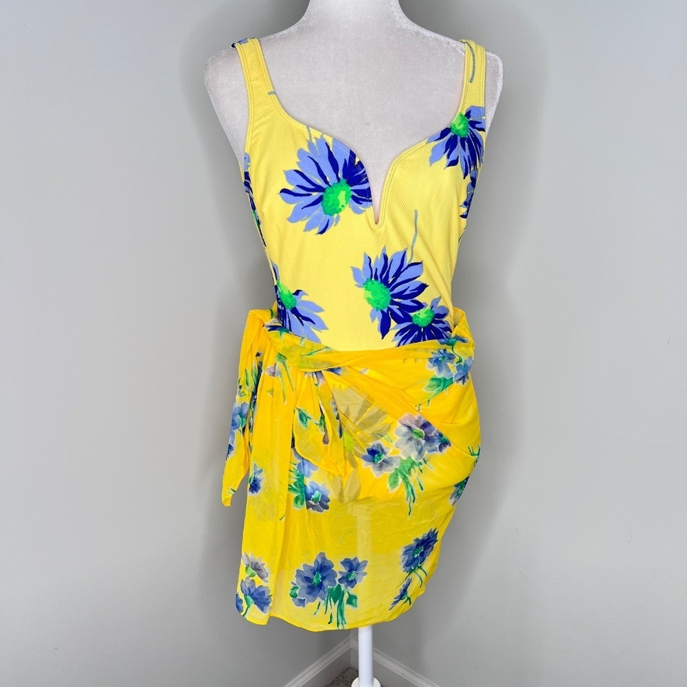 La Blanca Yellow Floral One-Piece Swimsuit w/Blue & Green Flowers